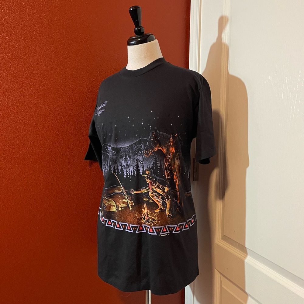 Vintage Habitat Men’s 1992‎ Cowboy Campfire Print AOP Single Stitch Black Shirt